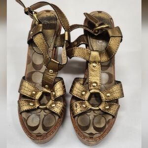 Coach Gold Logo Platform Strappy Wedge